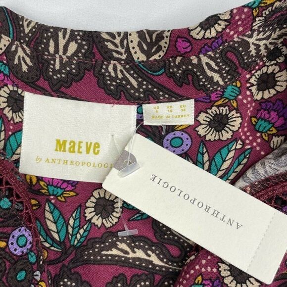 Maeve By Anthropologie Janie Flounced Peasant Blouse Purple Motif NEW - Picture 6 of 10